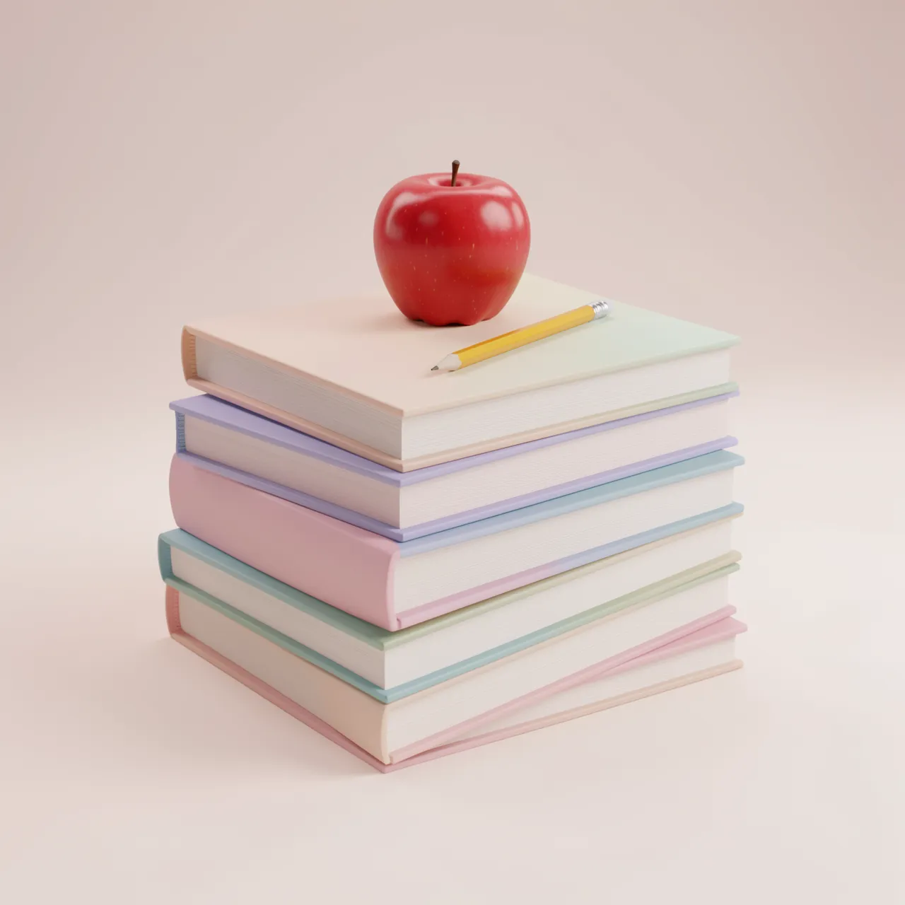 A neat stack of pastel hardcover books holds a red apple and yellow pencil against a soft beige background