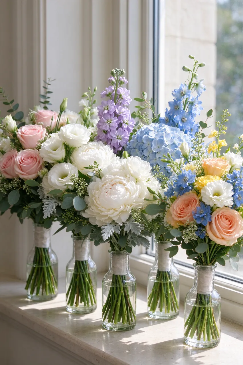 Mismatched pastel bridesmaid flower bouquets sit in small glass vases on a sunlit stone windowsill
