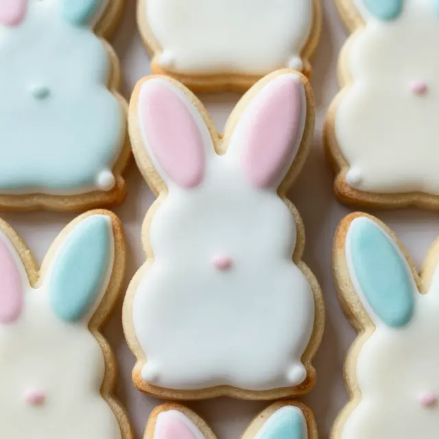 Top view of decorated bunny-shaped sugar cookies with soft pastel icing arranged on a light surface