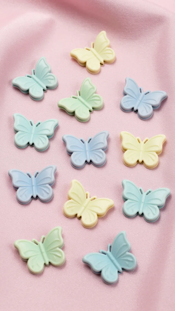 Top view of scattered pastel butterfly hair clips resting on soft pink satin fabric