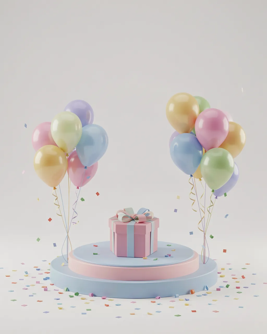 A 3D rendered pastel tiered podium with a gift box, flanked by balloons and scattered confetti, with empty copy space above.