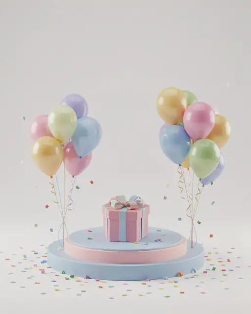 A 3D rendered pastel tiered podium with a gift box, flanked by balloons and scattered confetti, with empty copy space above.