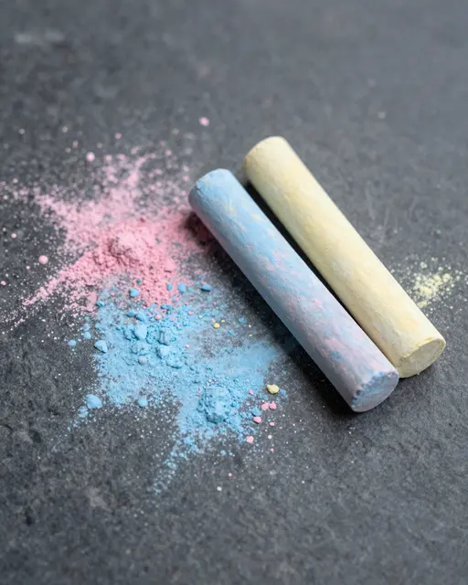 Colored chalk sticks and scattered pink, blue, yellow dust rest on a dark textured stone surface.