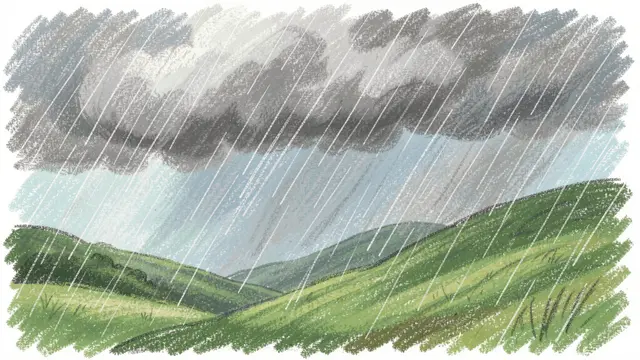 Pastel chalk drawing of a rain shower falling over rolling green countryside hills under stormy gray clouds
