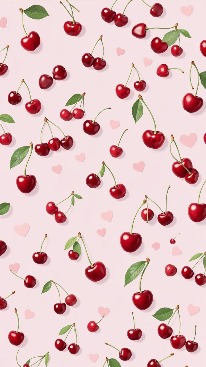 Scattered glossy red cherries and faint pale pink hearts on a soft light pink vertical background.