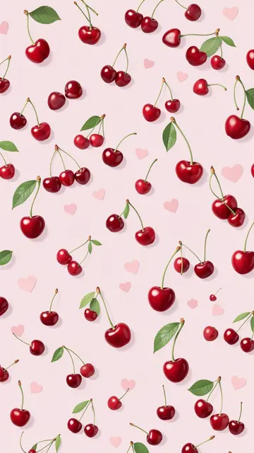 Scattered glossy red cherries and faint pale pink hearts on a soft light pink vertical background.