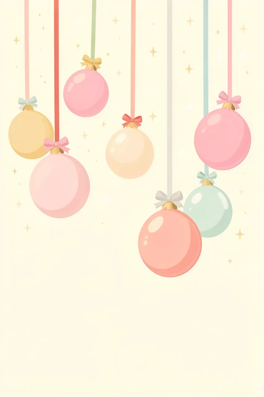 Hanging pastel Christmas baubles with tiny bows and sparkles on a warm cream background
