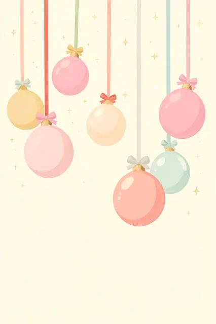 Hanging pastel Christmas baubles with tiny bows and sparkles on a warm cream background