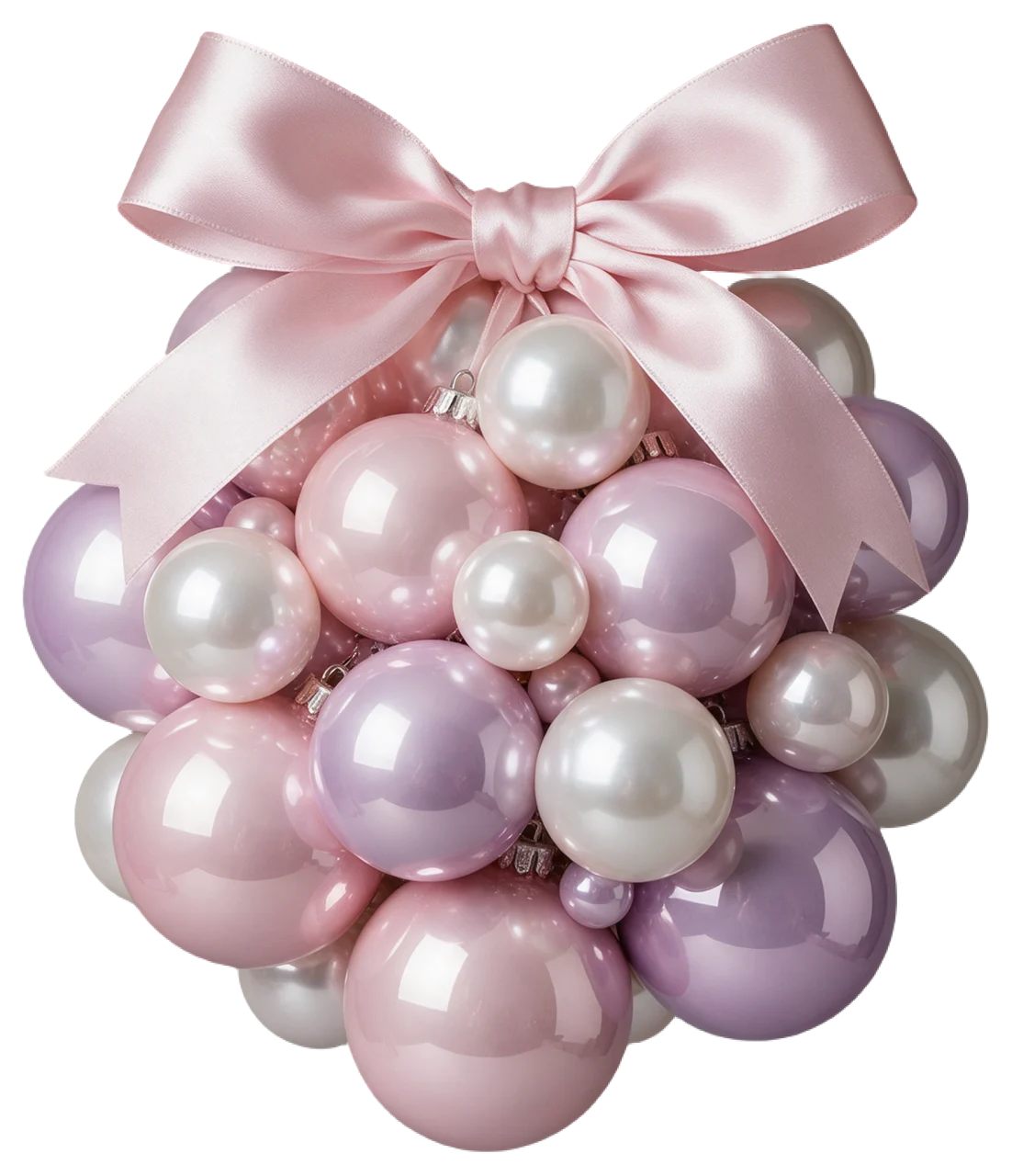 A clustered arrangement of glossy pastel Christmas baubles tied with a wide pale pink satin bow
