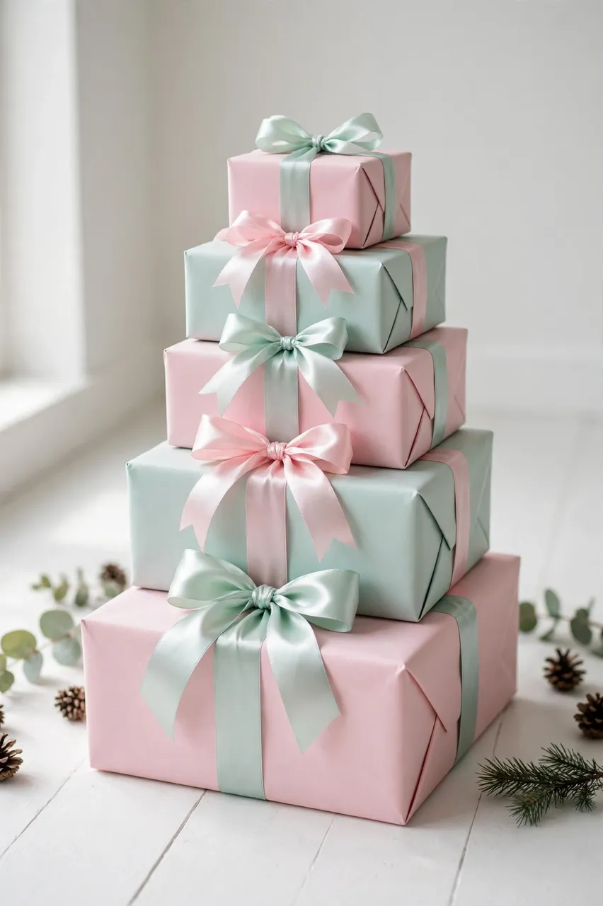 Tiered stack of pastel pink and mint wrapped gifts with satin bows on a white wooden floor