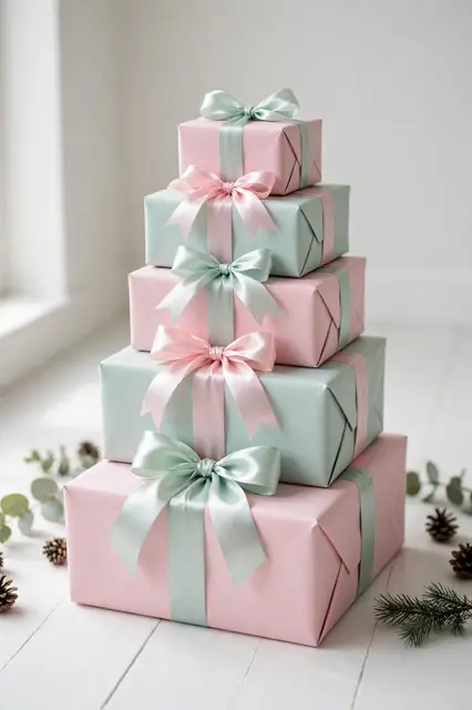 Tiered stack of pastel pink and mint wrapped gifts with satin bows on a white wooden floor
