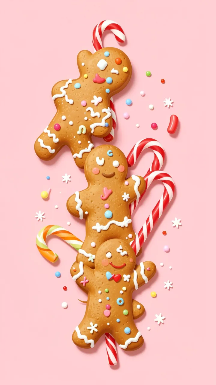 Decorated gingerbread men and candy canes arranged on a soft pastel pink background