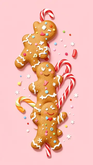 Decorated gingerbread men and candy canes arranged on a soft pastel pink background
