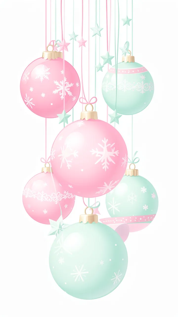 Hanging pink and mint Christmas baubles with tiny star accents against a plain white background