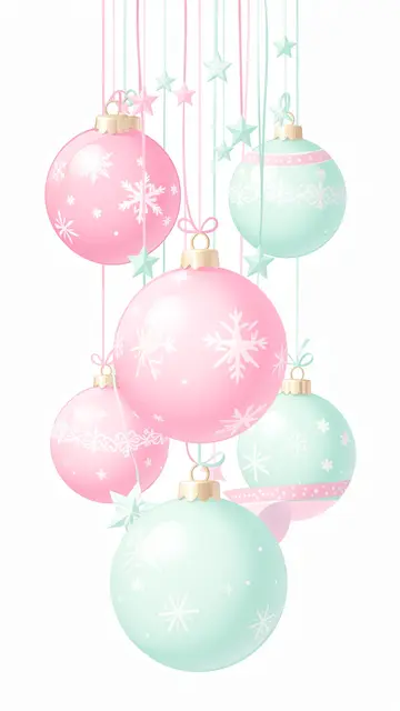 Hanging pink and mint Christmas baubles with tiny star accents against a plain white background