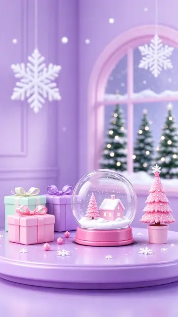 Cute pastel 3D Christmas scene with a snowglobe, pink tree, wrapped gifts on a lilac display stand