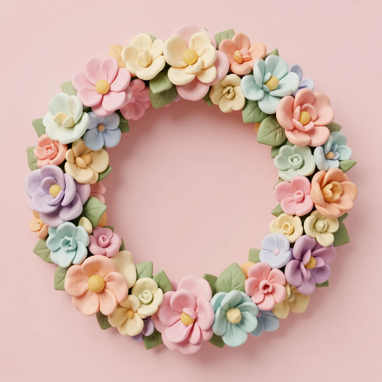 A 3D rendered wreath of matte pastel clay flowers sits on a pale pink background with an empty center.
