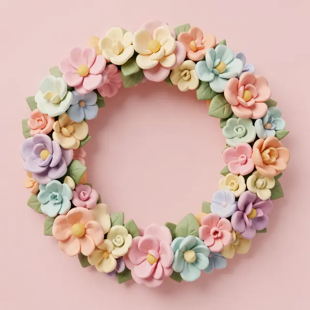 A 3D rendered wreath of matte pastel clay flowers sits on a pale pink background with an empty center.