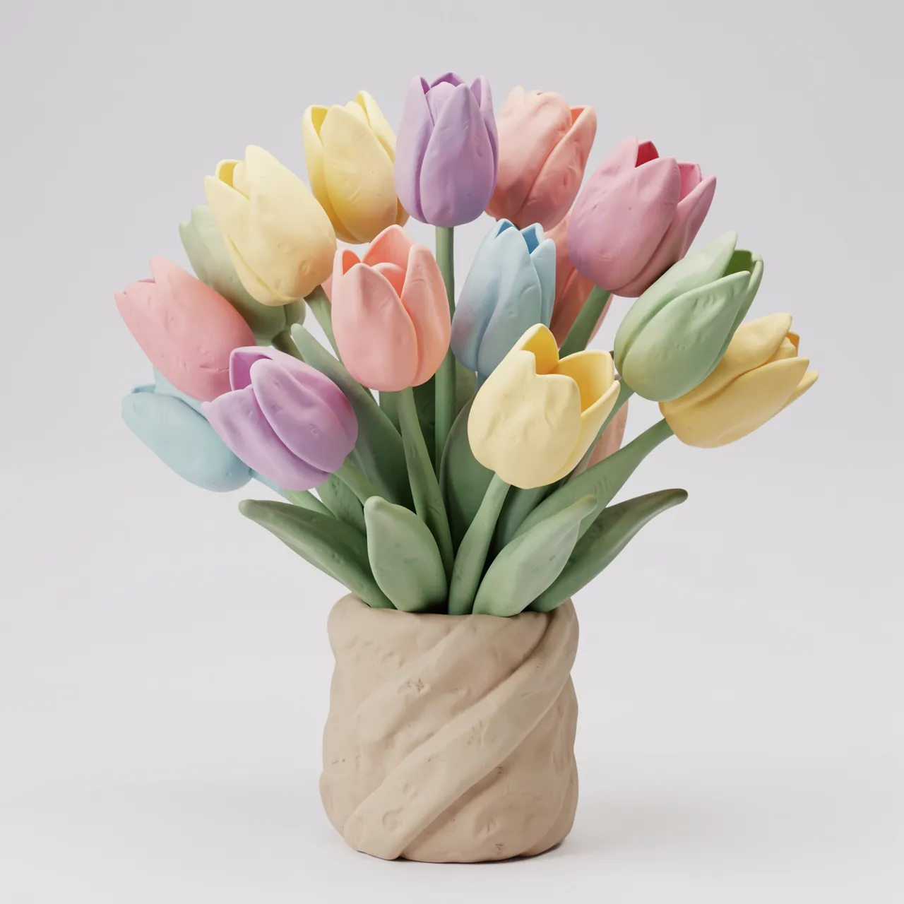 A 3D rendered clay-style tulip bouquet in soft pastel colors arranged in a textured neutral vase against a plain light gray