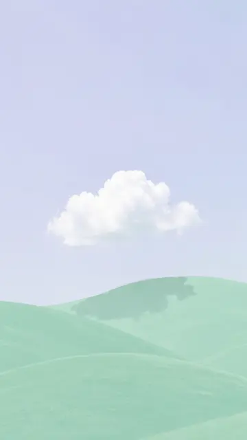 A lone fluffy white cloud casts a soft shadow on smooth rolling mint green hills beneath a pale lavender sky