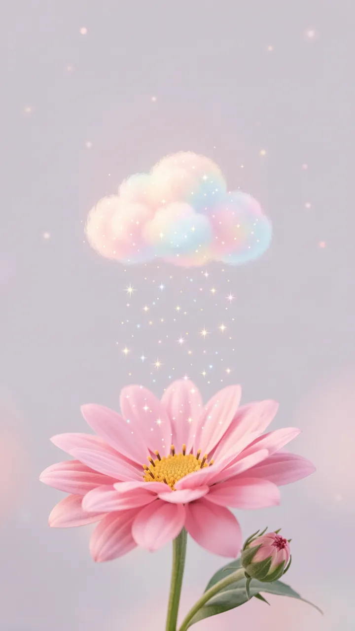 A tiny fluffy pastel cloud rains glowing sparkles onto a soft pink daisy flower