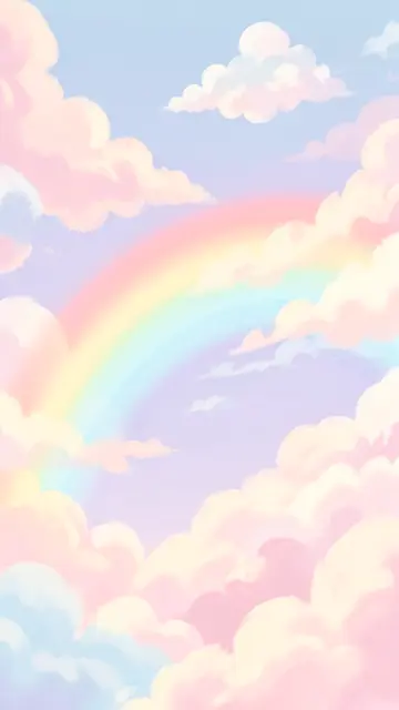 Dreamy soft illustration of fluffy pastel clouds framing a gentle rainbow across a gradient sky