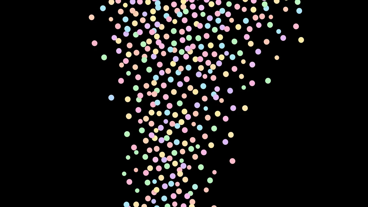 Falling round pastel confetti dots scattered across a solid pure black background