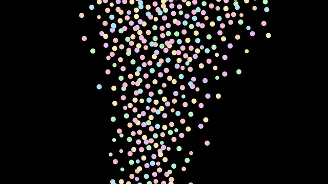 Falling round pastel confetti dots scattered across a solid pure black background