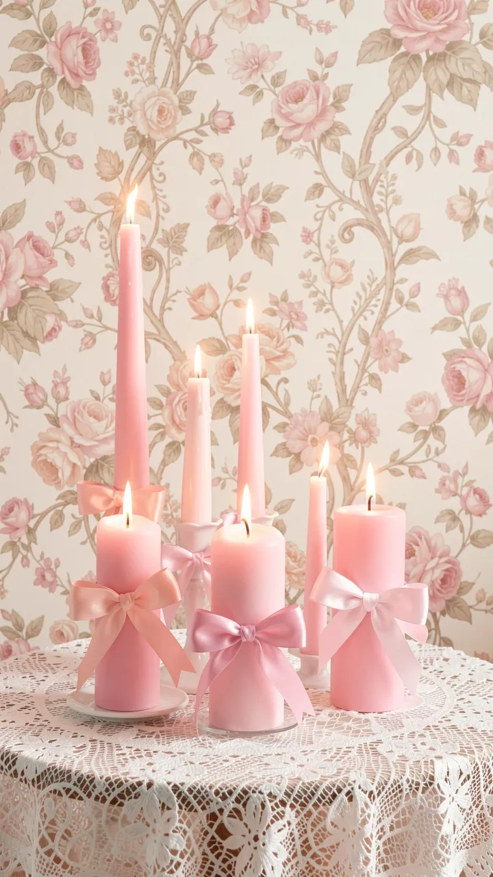 Lit pastel pink candles tied with satin bows rest on a white lace tablecloth against floral wallpaper