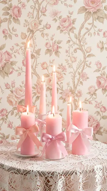 Lit pastel pink candles tied with satin bows rest on a white lace tablecloth against floral wallpaper