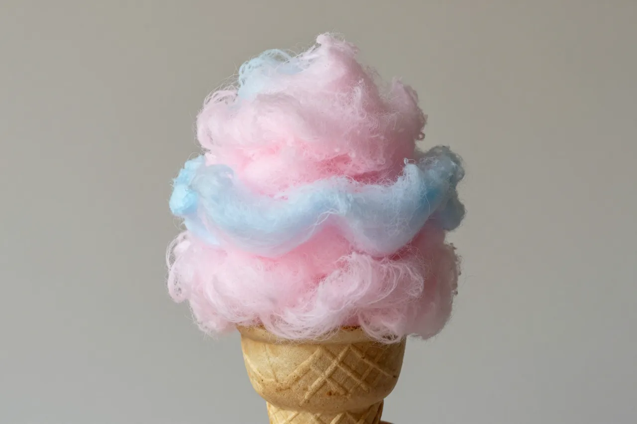 Pink and blue swirled cotton candy rests in a waffle cone against a plain light gray background