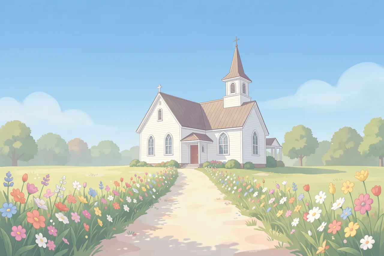 Soft pastel illustration of a white country church at the end of a flower lined dirt path under a pale blue sky