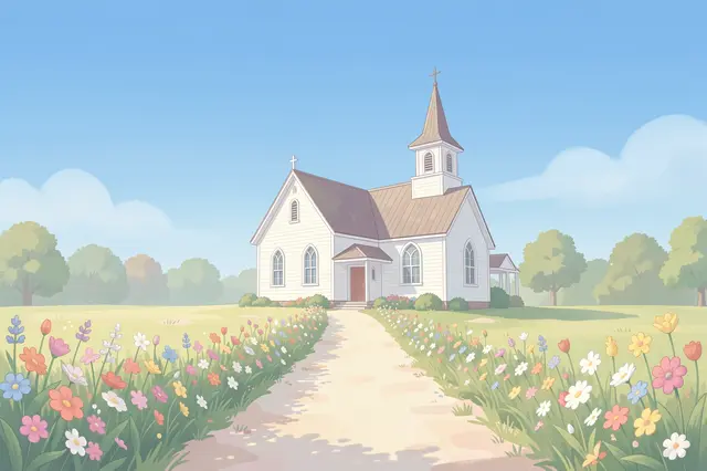 Soft pastel illustration of a white country church at the end of a flower lined dirt path under a pale blue sky