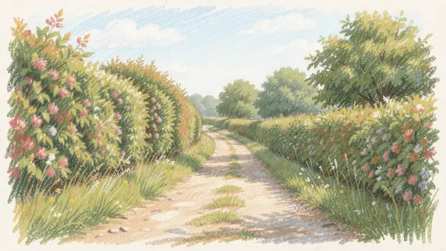 Soft pastel chalk drawing of a winding late summer country lane lined with flowering hedgerows under a pale blue sky