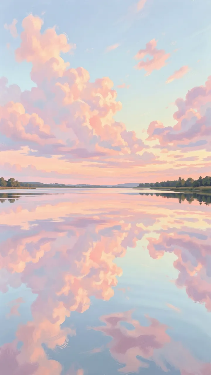 Soft pastel pink and peach clouds reflect in a still calm lake at early dawn