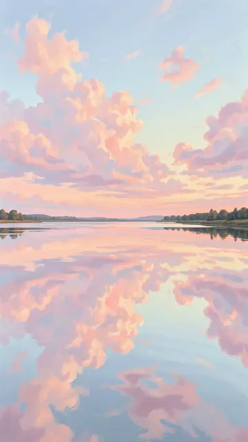Soft pastel pink and peach clouds reflect in a still calm lake at early dawn