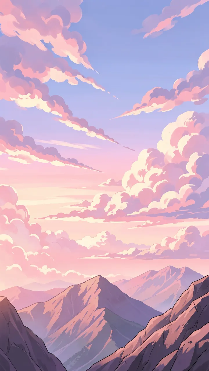 Anime style illustration of layered mountain peaks under soft pink and lavender dawn clouds