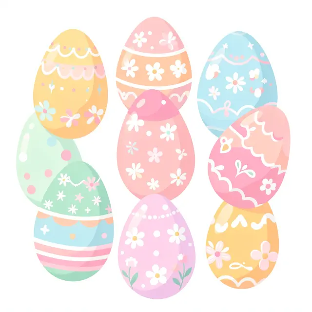 A flat illustration of clustered decorated Easter eggs in soft pastel colors against a plain white background