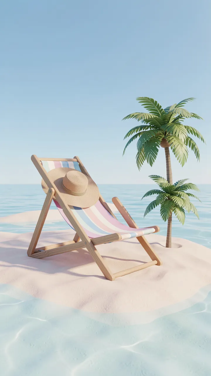 Striped wooden deck chair with a sun hat sits on a tiny sandy tropical island with palm trees under a clear empty sky