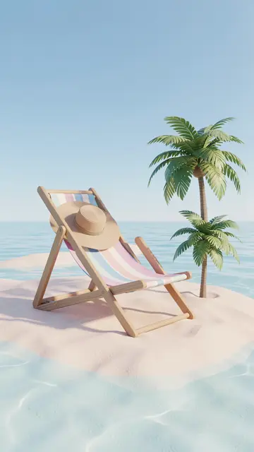 Striped wooden deck chair with a sun hat sits on a tiny sandy tropical island with palm trees under a clear empty sky