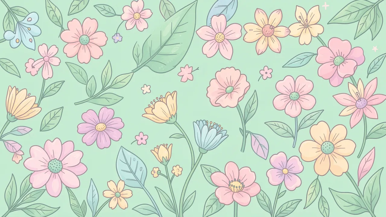 Hand drawn pastel doodle flowers and leaves arranged across a soft mint green background