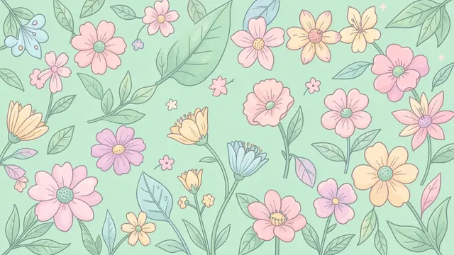 Hand drawn pastel doodle flowers and leaves arranged across a soft mint green background