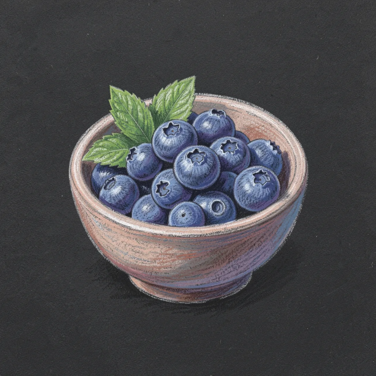 A chalk pastel drawing of a ceramic bowl filled with blueberries and fresh mint leaves on dark paper.