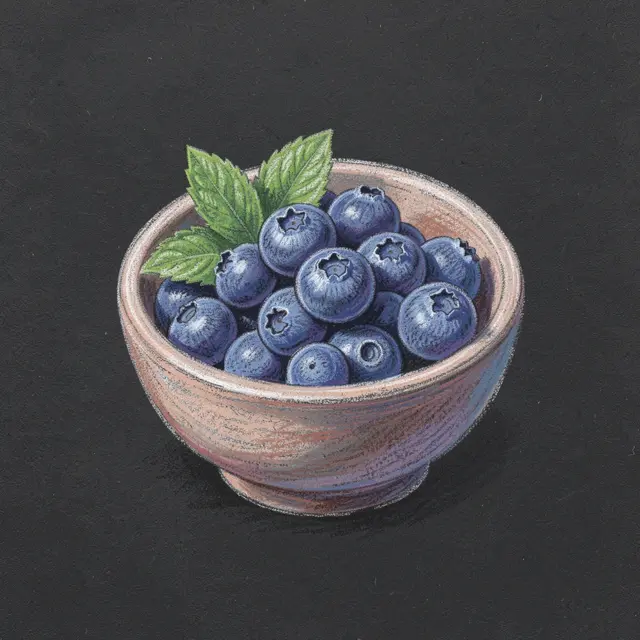A chalk pastel drawing of a ceramic bowl filled with blueberries and fresh mint leaves on dark paper.