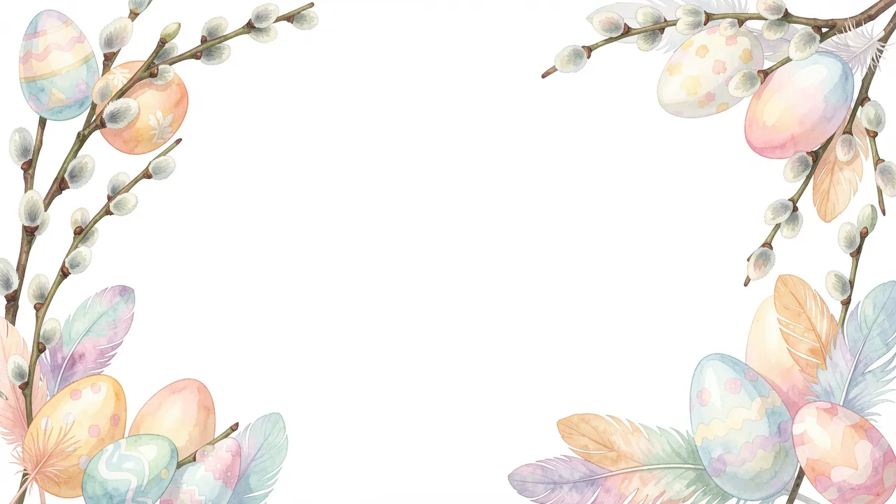 Watercolor Easter border of pussy willow, decorated eggs, and feathers framing an empty white center space