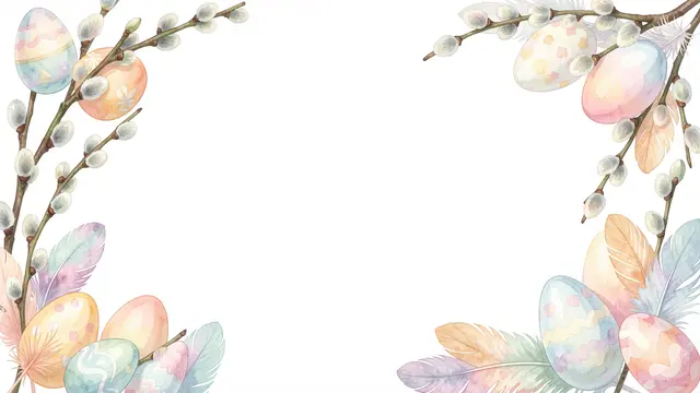 Watercolor Easter border of pussy willow, decorated eggs, and feathers framing an empty white center space