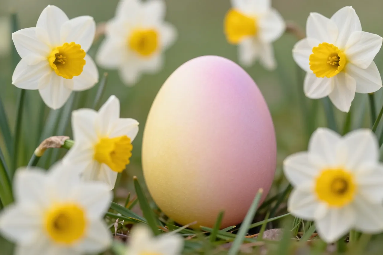 A gradient pastel Easter egg sits nestled among blooming white and yellow daffodils on grass