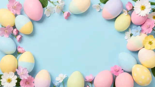 A border of pastel Easter eggs and spring flowers sits around blank light blue copy space.
