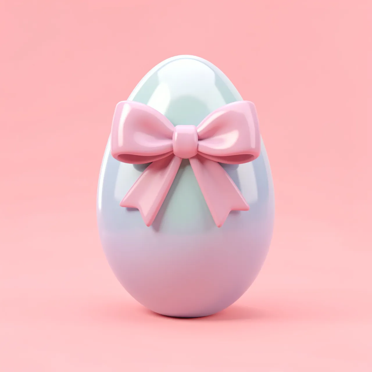 Glossy gradient pastel Easter egg with a pink ribbon bow on a soft solid pink background