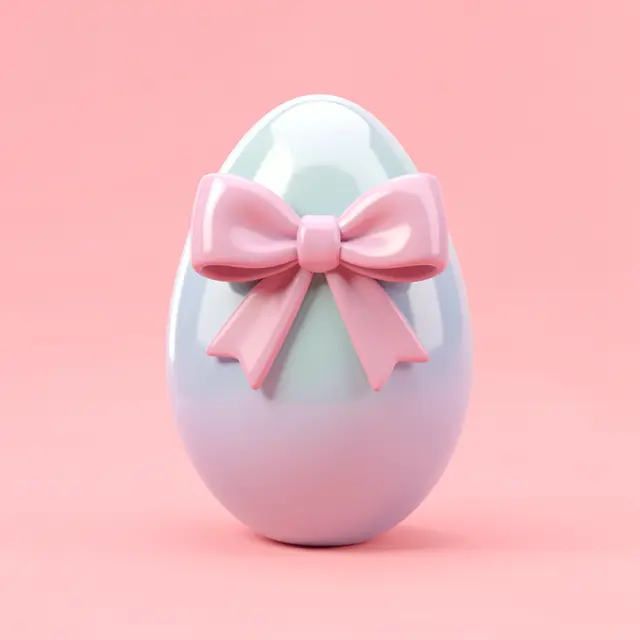 Glossy gradient pastel Easter egg with a pink ribbon bow on a soft solid pink background
